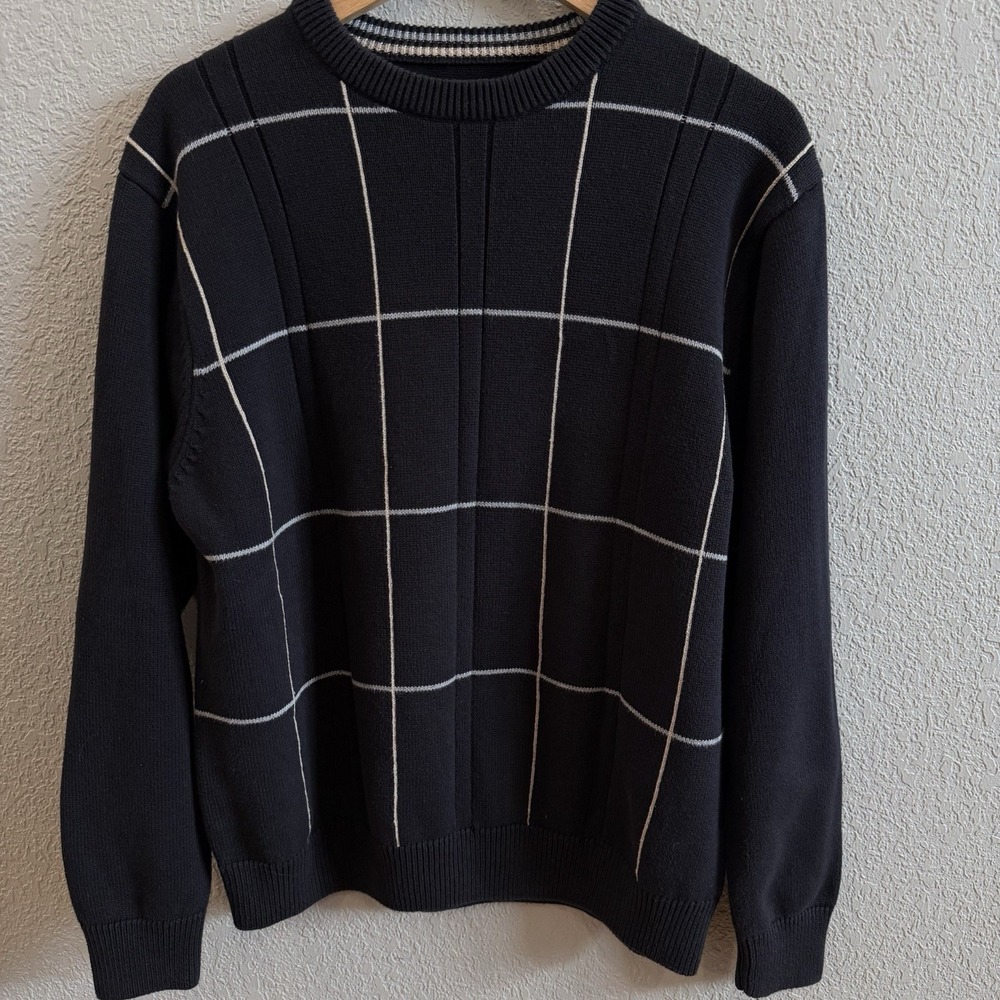 Haggar Men's M 100% Cotton Beige Gray Stripe Ribbed Knit Black Crewneck Sweater